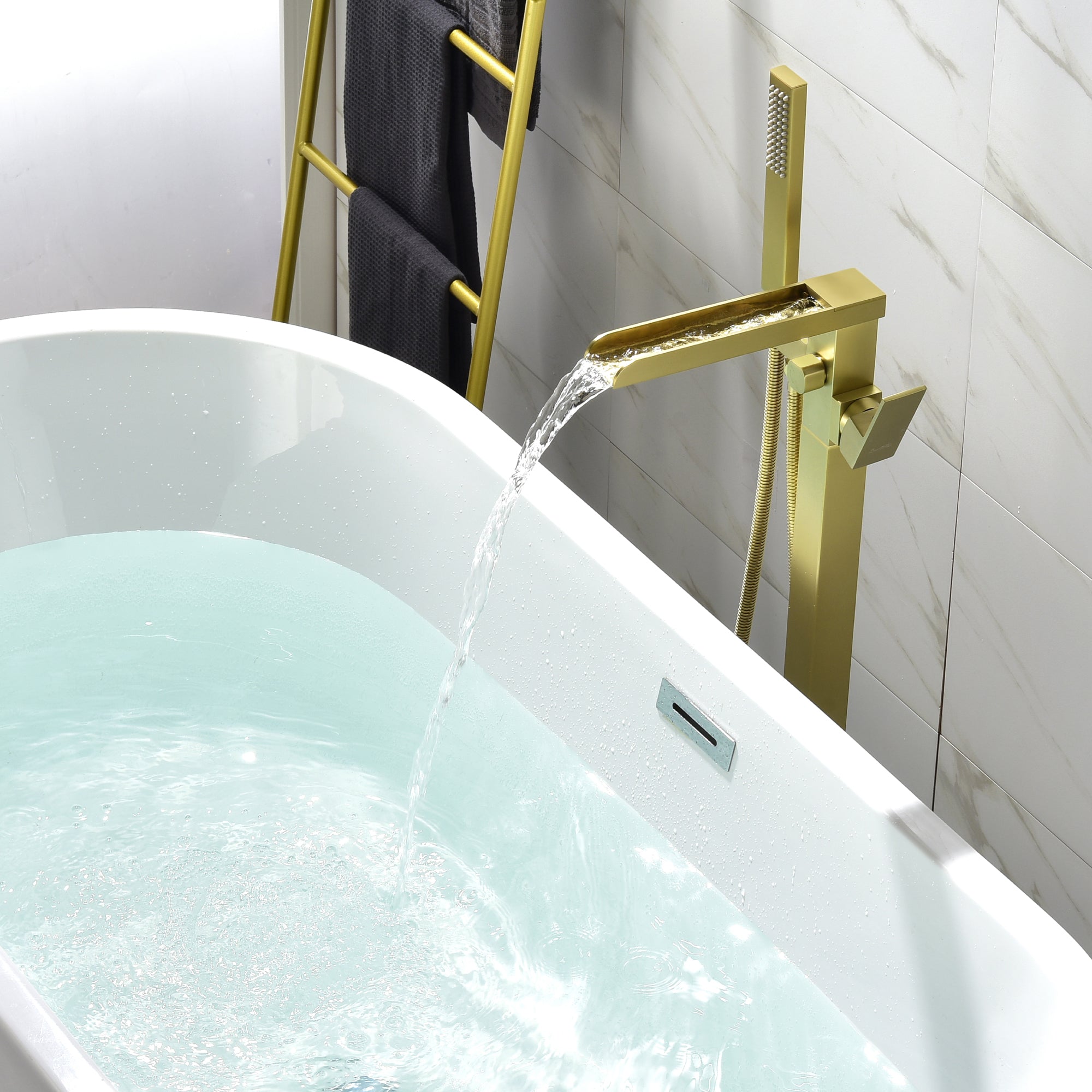 Brushed-gold freestanding tub filler